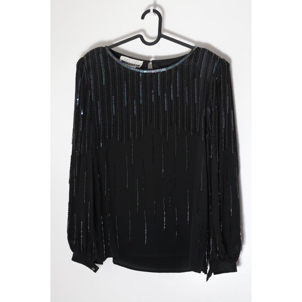 Vintage Argenti Notte Sz Small 100% Silk Beaded Blouse Top Black
